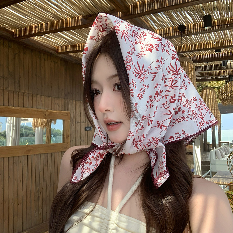 复古田园风清新碎花文艺棉纱小方巾女春系脖丝巾海边防晒头巾发带