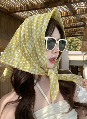 小清新田园风碎花文艺棉丝巾复古小方巾春夏海边度假防晒装饰头巾