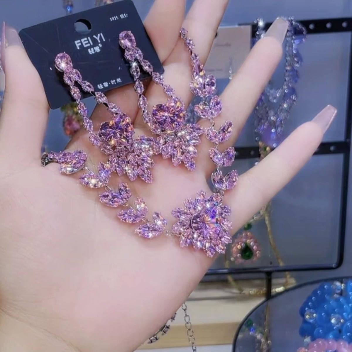 项链女海洋之心锆石套装2025精致水晶锁骨链不掉色法式耳环新款