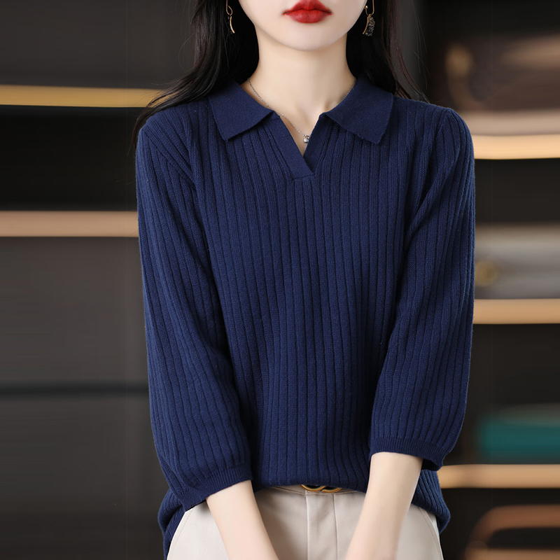 春秋季款棉线POLO领翻领七分袖针织打底衫女宽松显瘦内搭针织衫