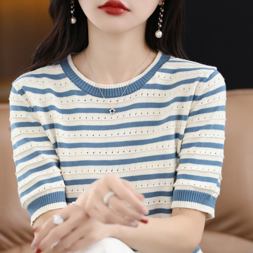 100%纯棉条纹短袖T恤女夏季韩版新款拼色镂空圆领宽松半袖女薄款