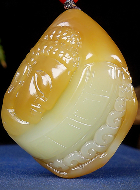 手工雕刻新疆和田玉糖白玉挂件油润俏糖色花开见佛挂件 重28.47克