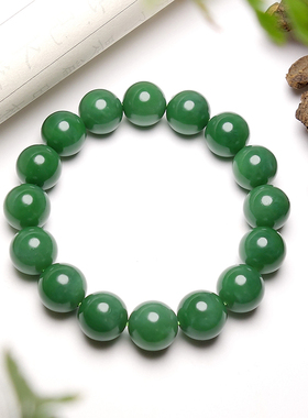 和田玉碧玉菠菜绿油润圆珠手串