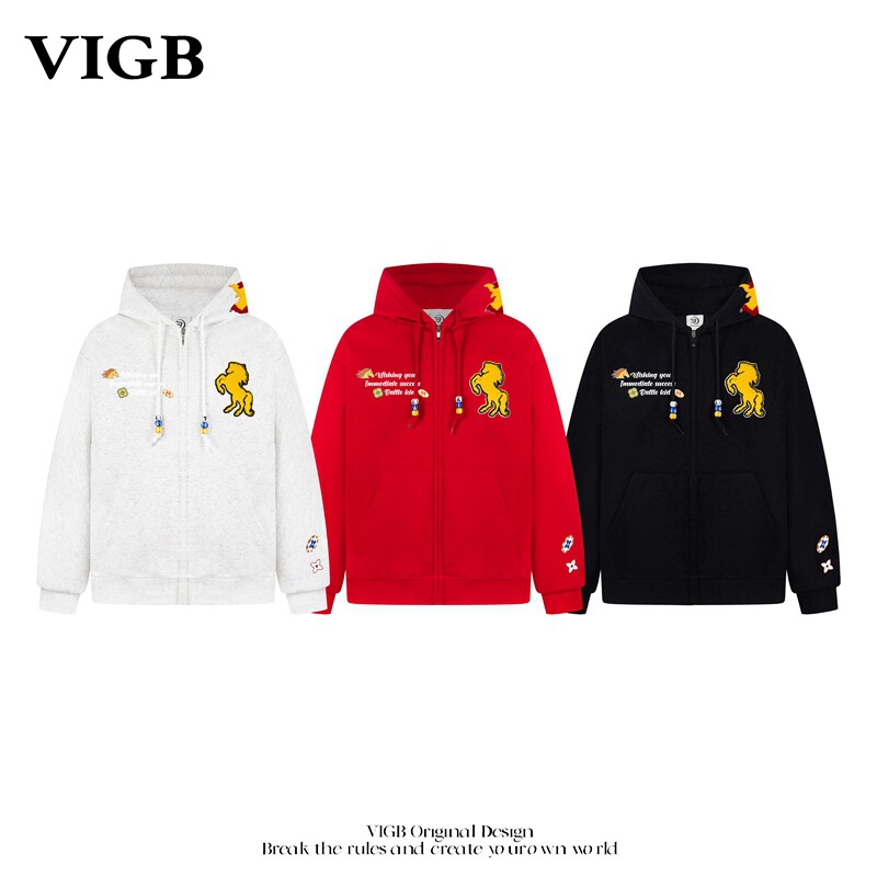 VIGB 原创国潮美式字母刺绣马年开衫新款潮牌宽松休闲连帽卫衣潮