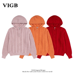 VIGB 原创国潮美式学院连帽拉链针织衫女百搭情侣开衫毛衣外套潮