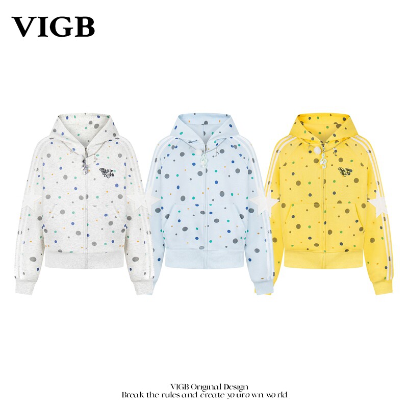 VIGB 原创国潮波点满印连帽开衫外套男女卫衣小个子春季新款帽衫