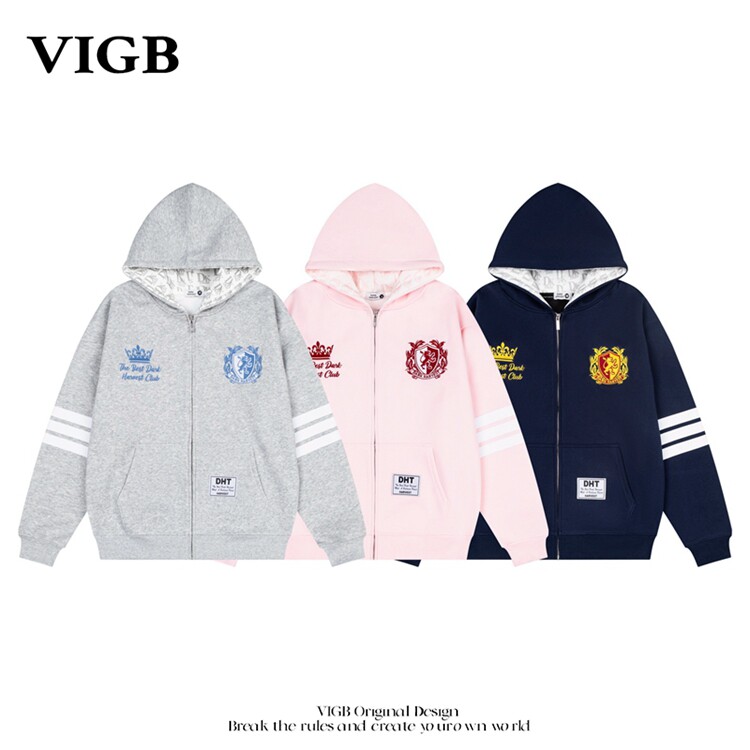 VIGB 原创国潮美式字母刺绣开衫连帽卫衣男女春款宽松帽衫外套潮