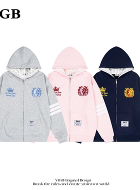 VIGB 原创国潮美式字母刺绣开衫连帽卫衣男女春款宽松帽衫外套潮