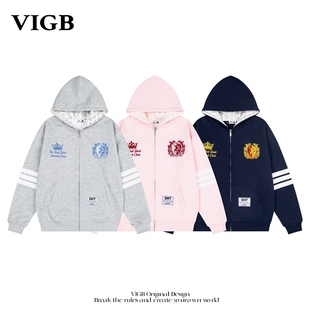 VIGB 原创国潮美式字母刺绣开衫连帽卫衣男女春款宽松帽衫外套潮