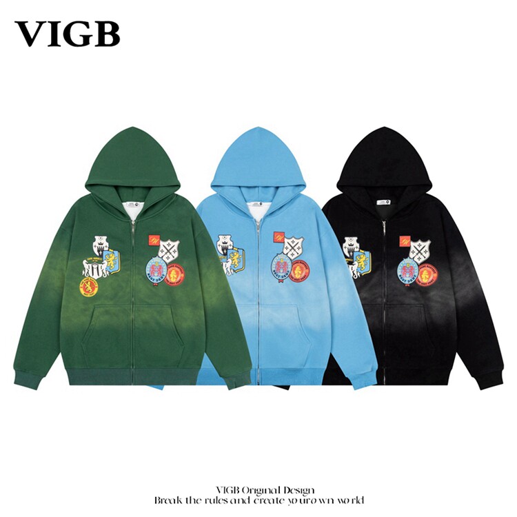 VIGB 原创国潮美式复古长袖卫衣男女oversize宽松开衫连帽外套潮