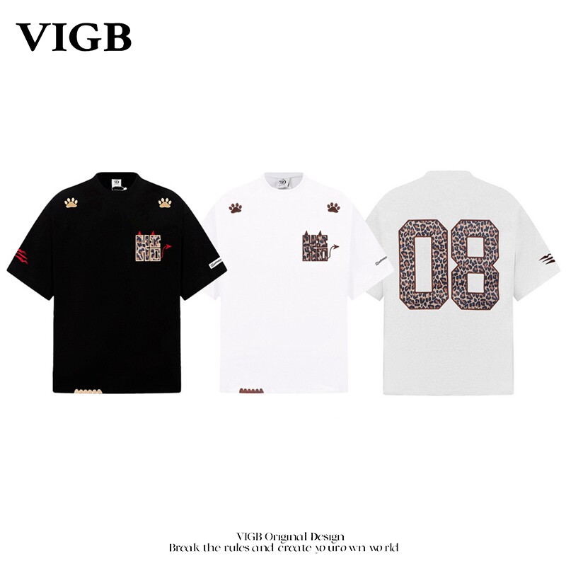 VIGB 原创国潮美式复古设计感豹纹刺绣短袖t恤夏季高街体恤上衣