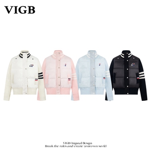 VIGB 休闲羽绒服保暖立领拼接学院风休闲外套男女潮 原创国潮美式