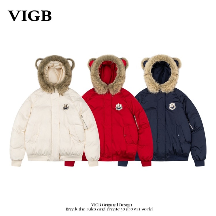 VIGB美式小熊刺绣拉链保暖棉服