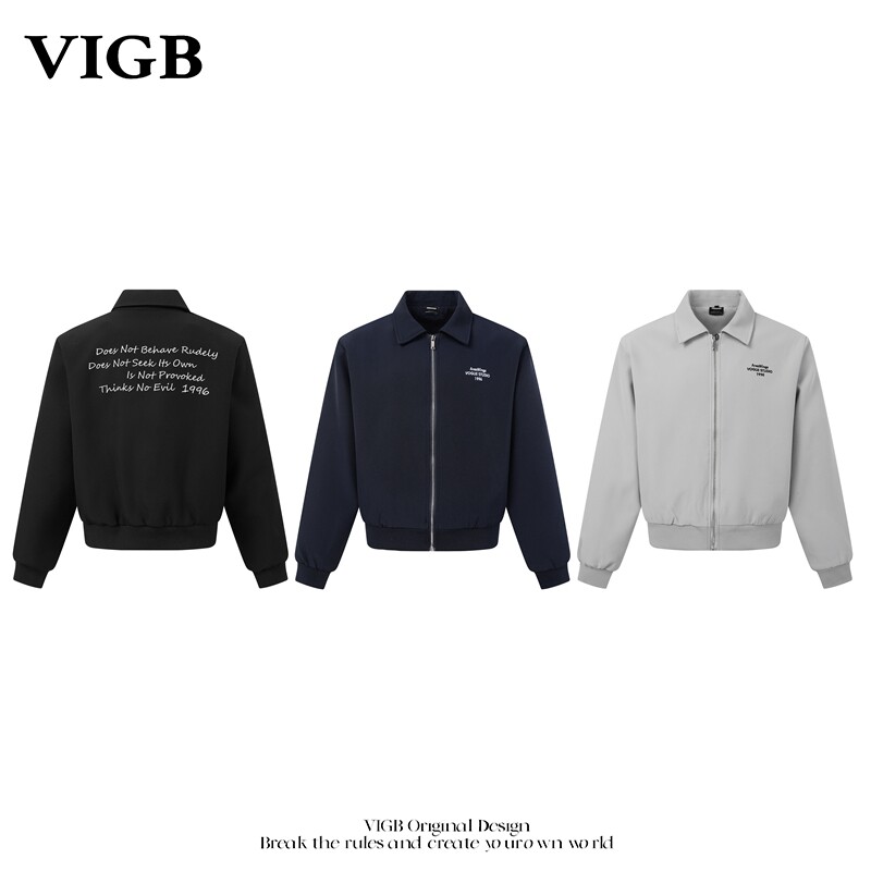 VIGB 原创国潮美式复古翻领拉链字母夹克男女通勤街头风男女刺绣