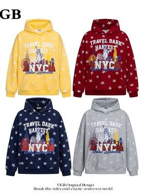 VIGB 原创国潮美式星星自由女神连帽卫衣男女秋冬加绒加厚外套潮