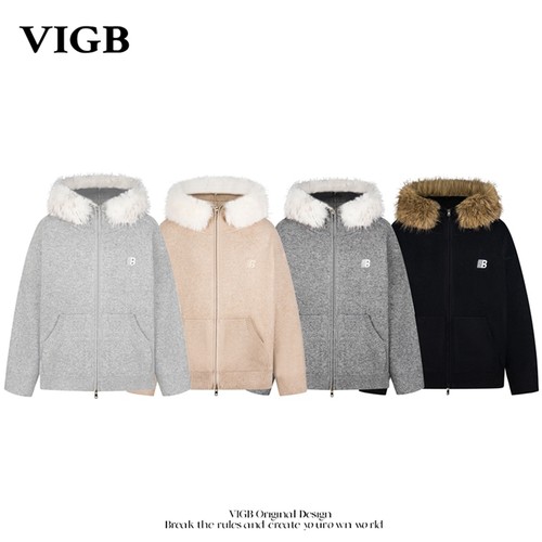 VIGB 原创国潮美式连帽毛衣开衫外套连帽毛领情侣刺绣男女外套潮