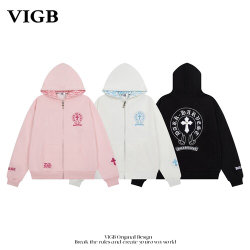 VIGB 原创国潮美式复古拼接连帽卫衣男女宽松拉链开衫外套慵懒风