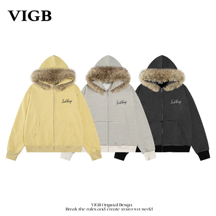 VIGB美式复古条纹连帽卫衣情侣