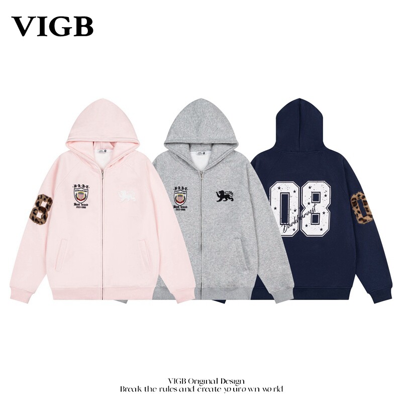 VIGB 原创国潮美式刺绣加绒加厚开衫卫衣宽松oversize连帽外套潮