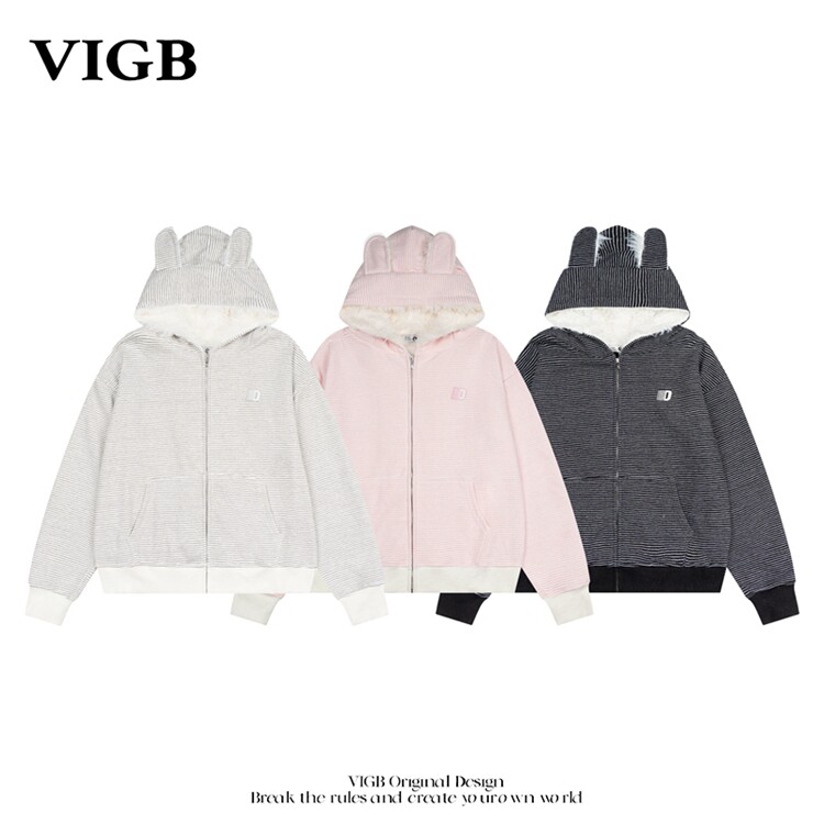 VIGB美式条纹加绒连帽卫衣帽衫