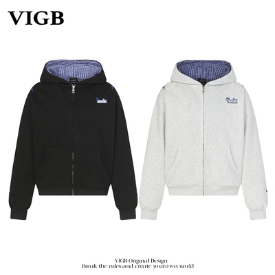 VIGB 原创国潮美式格纹拼接拉链连帽卫衣男女秋冬重磅情侣外套潮