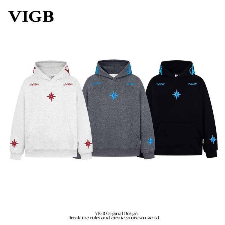 VIGB 原创国潮美式复古字母刺绣连帽卫衣宽松潮牌情侣帽衫外套