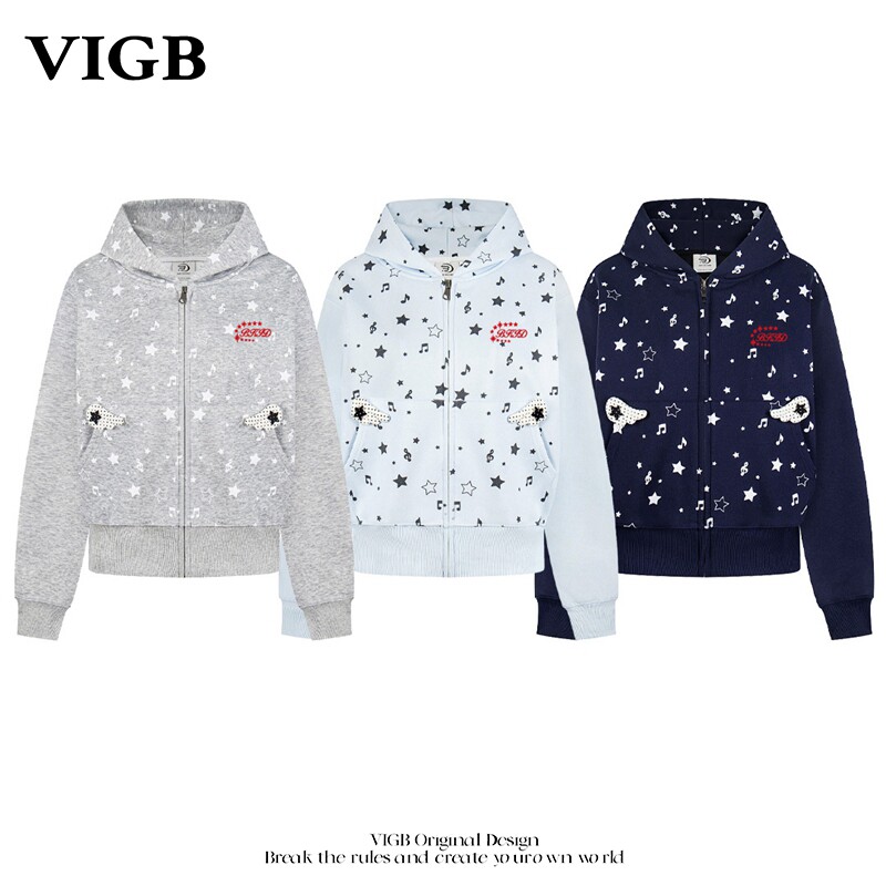 VIGB 原创国潮美式复古亚文化星星拼接拉链上衣外套萌宅连帽卫衣