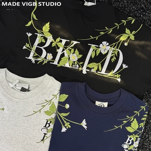 百搭小众重磅T恤情侣短袖 VIGB 原创国潮学院风立体花卉刺绣美式