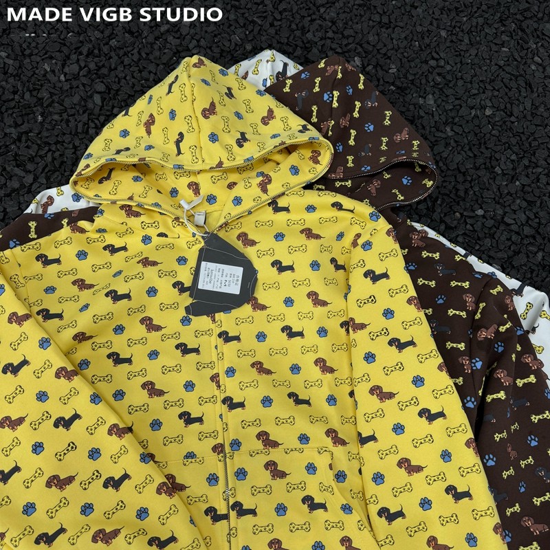 VIGB 原创国潮美式学院风满印腊肠狗小众ins连帽拉链卫衣开衫情侣