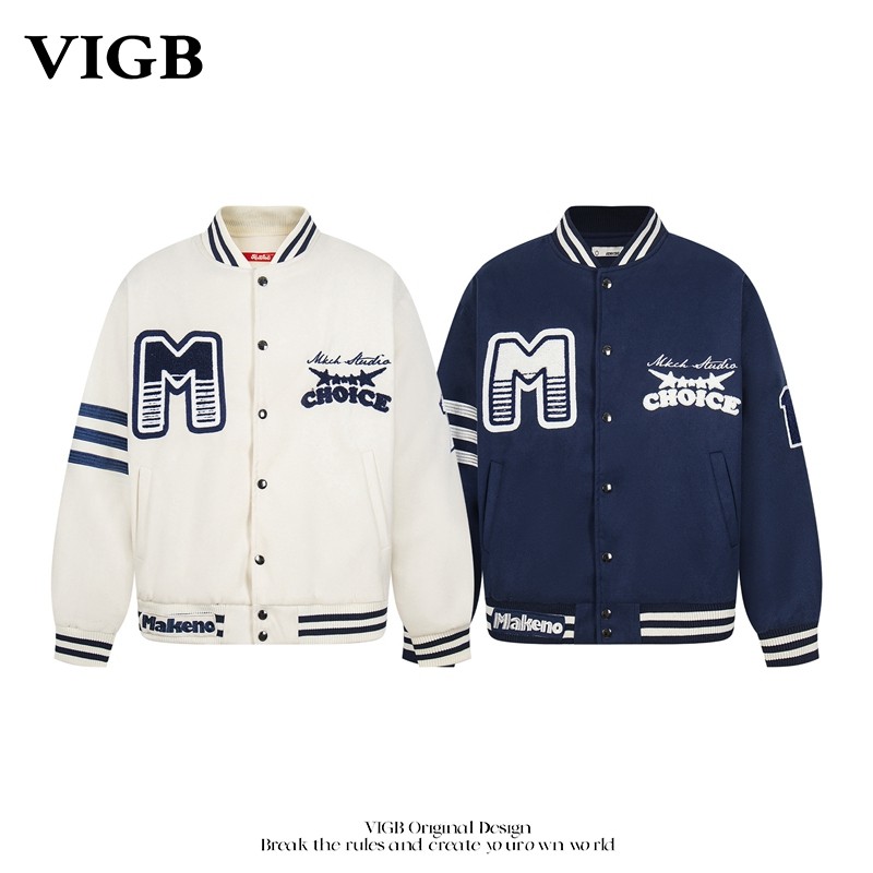 VIGB 原创国潮美式字母刺绣夹棉加厚棒球服男女宽松棉服外套情侣