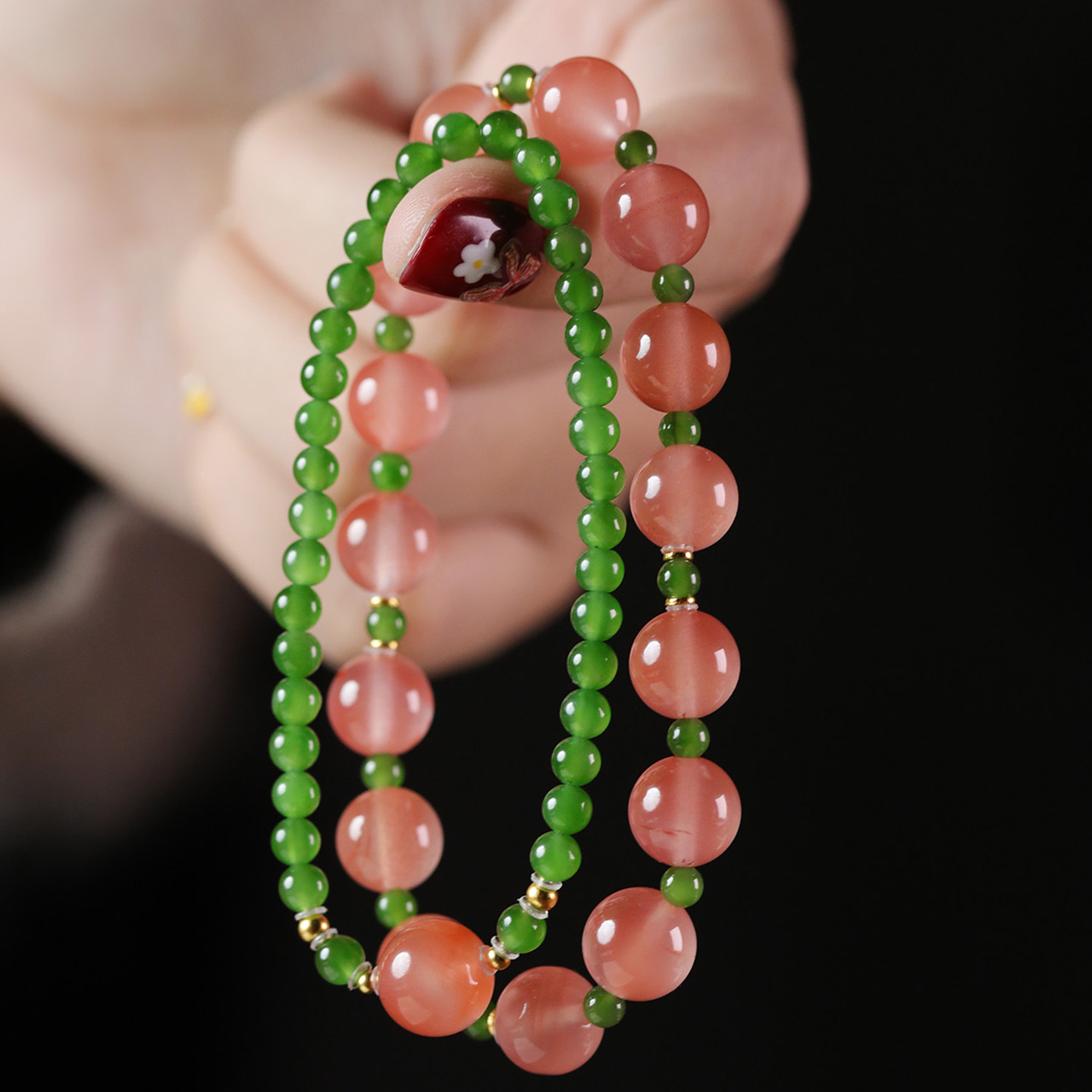 Shang原创新中式天然和田玉碧玉手链女款冰飘南红18k金手串礼物