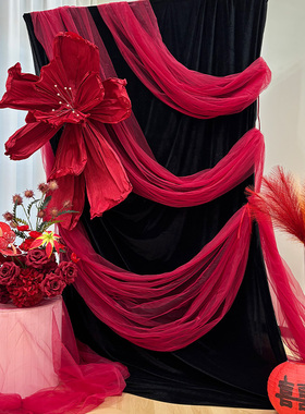 中式红色粉色纱幔黑色背景丝绒布褶皱纸鸢花仿真芦苇晨袍拍照婚房