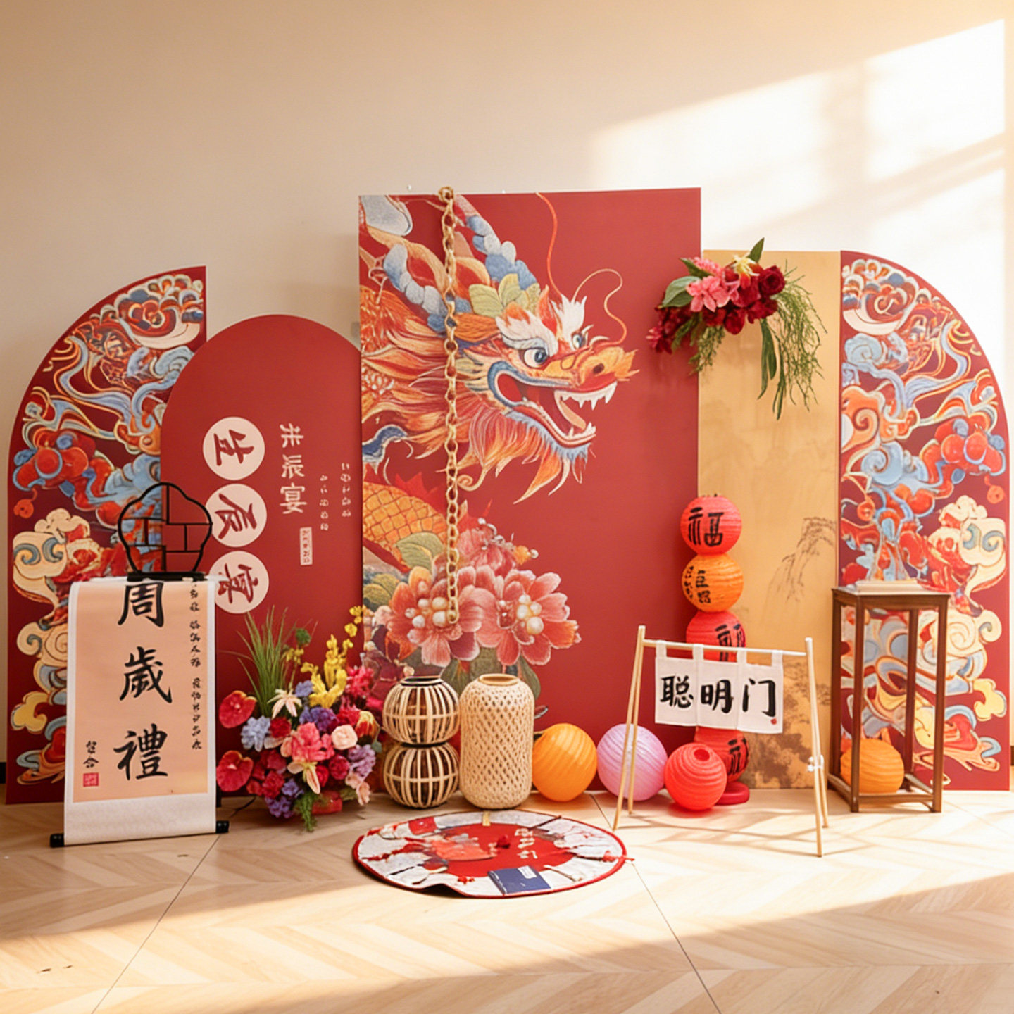 新中式龙凤kt板生日布置宝宝周岁宴派对酒店迎宾区背景装饰国潮风,节庆用品/礼品,装扮布置套餐,淘宝优惠券,粉丝福利购,淘宝优惠卷