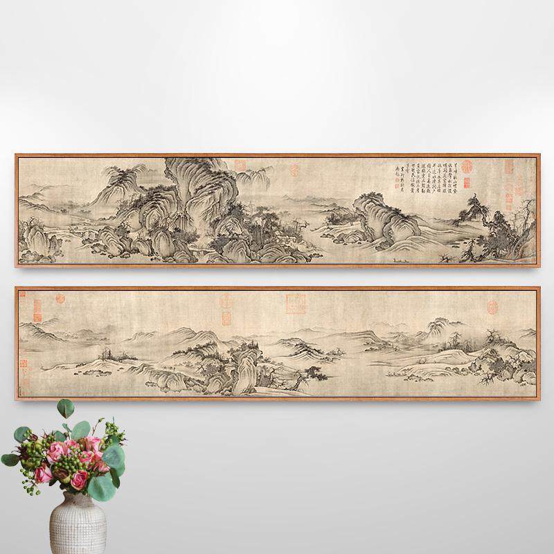 秋山萧寺图山水画新中式客厅装饰画沙发背景墙挂画仿古壁画横版