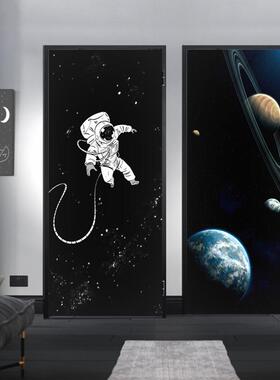简约现代梦幻星球宇航员星空门贴纸整张自粘防水玻璃移门谷仓门贴