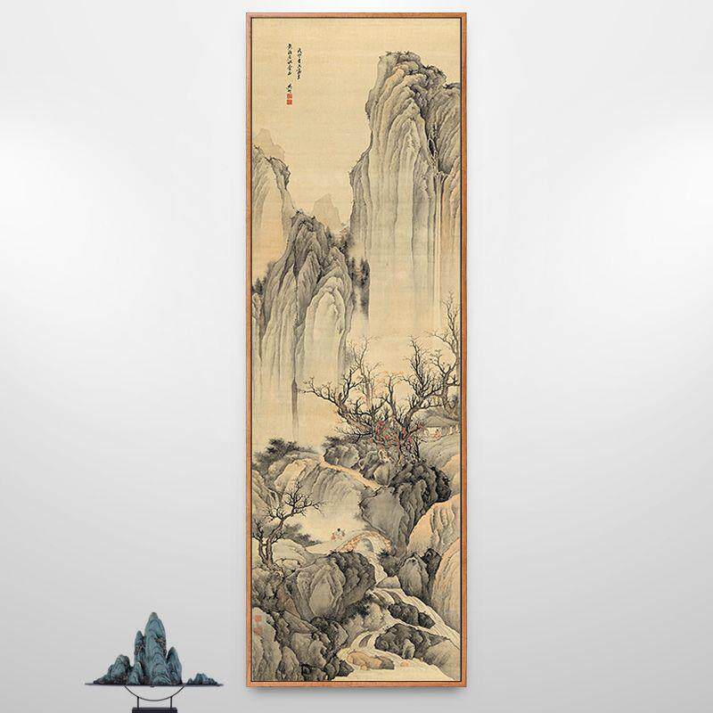 秋山听瀑图樊圻国画山水画新中式装饰画走廊过道竖版挂画中国风