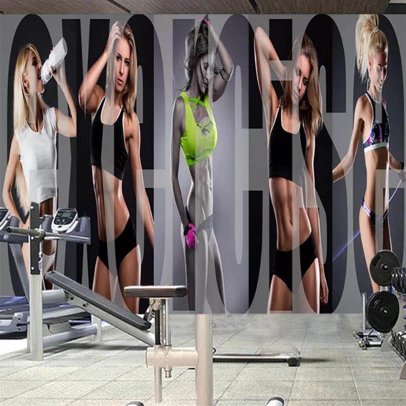 健身房新款人物瑜伽健美工装壁纸创意背景画背胶自粘墙贴纸壁画