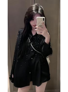 闪闪胖mm黑色醋酸缎面长袖轻奢秋季高级感富家千金宽松闪亮衬衣女