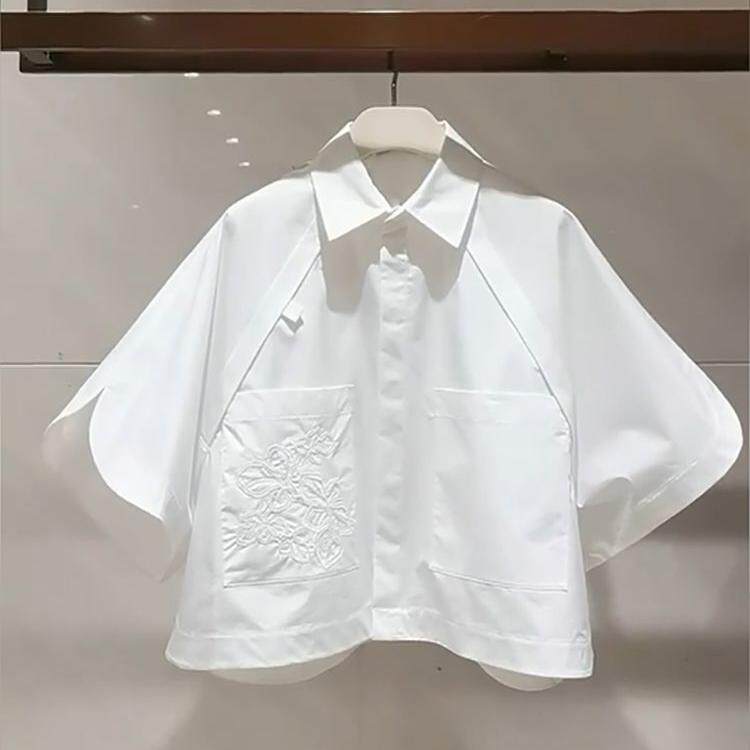夏季短袖爆款蝙蝠袖短款韩版白色刺绣小众宽松polo翻领半袖白衬衫
