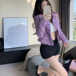 新年战袍气质名媛小香风高级感紫色外套春秋网红新款百搭短上衣女