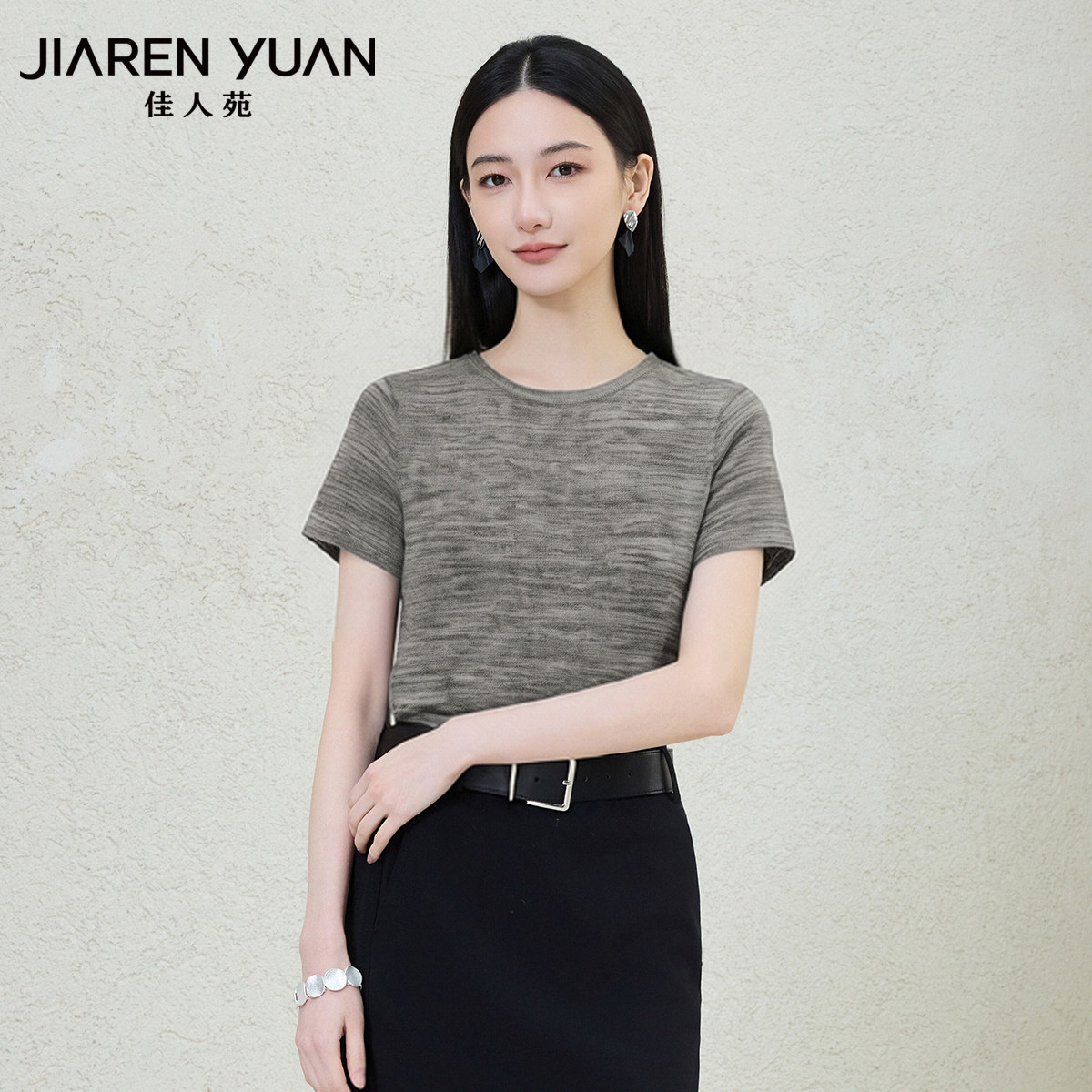 佳人苑T恤女2026年夏季新款圆领弧形下摆混色衣身短袖T恤元气日常