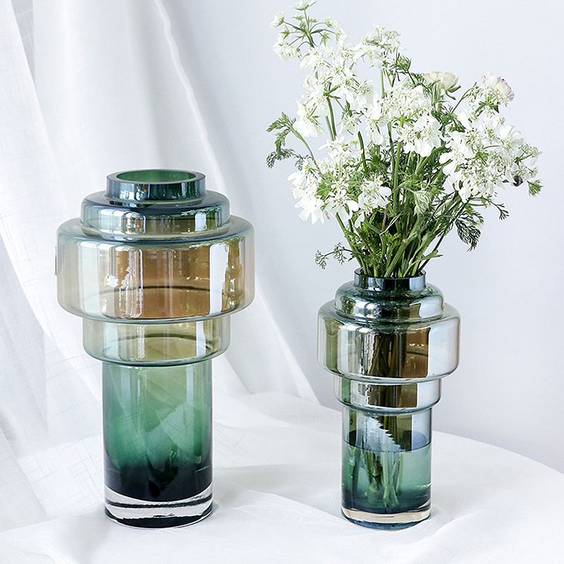简约轻奢售楼处柜台客厅装饰品透绿色大号多层直筒玻璃花器插花瓶