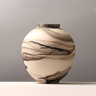 现代简约高级艺术感水墨诧寂风意境大号粗陶罐花器酒店装饰品摆件