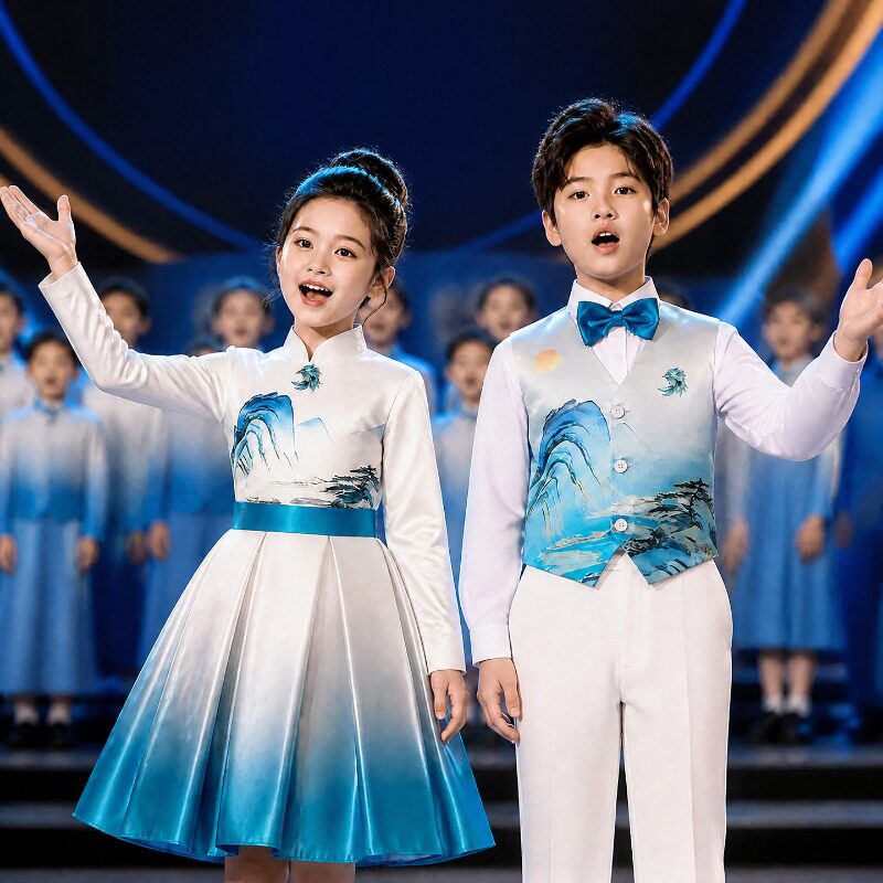 国庆儿童合唱演出服男女童中国风礼服中小学生诗歌爱国朗诵表演服