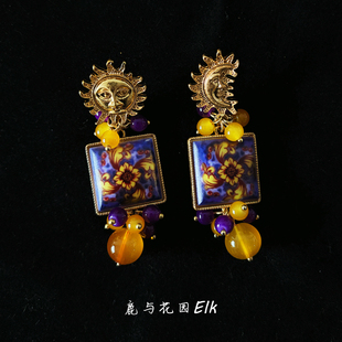 复古vintage中古重工个性 耳饰耳钉女百搭 太阳与月亮 鹿与花园