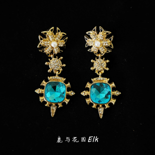 鹿与花园 多瑙河blue复古vintage中古耳饰耳钉巴洛克重工满钻首饰