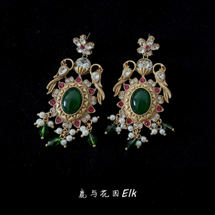 鹿与花园 重工中古耳饰西洋华丽宫廷复古耳钉耳环 拜占庭绿宝
