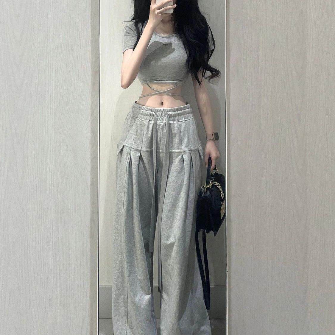 美式复古vintage灰色休闲裤子女夏季腰抽绳宽松垂感薄款阔腿裤