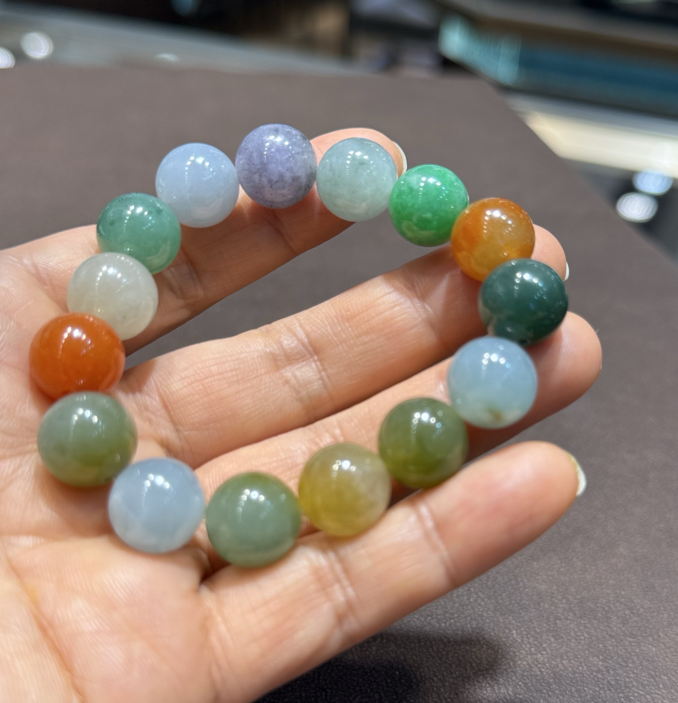 天然缅料A货翡翠多宝12.5mm圆珠手链手串单圈油画色彩