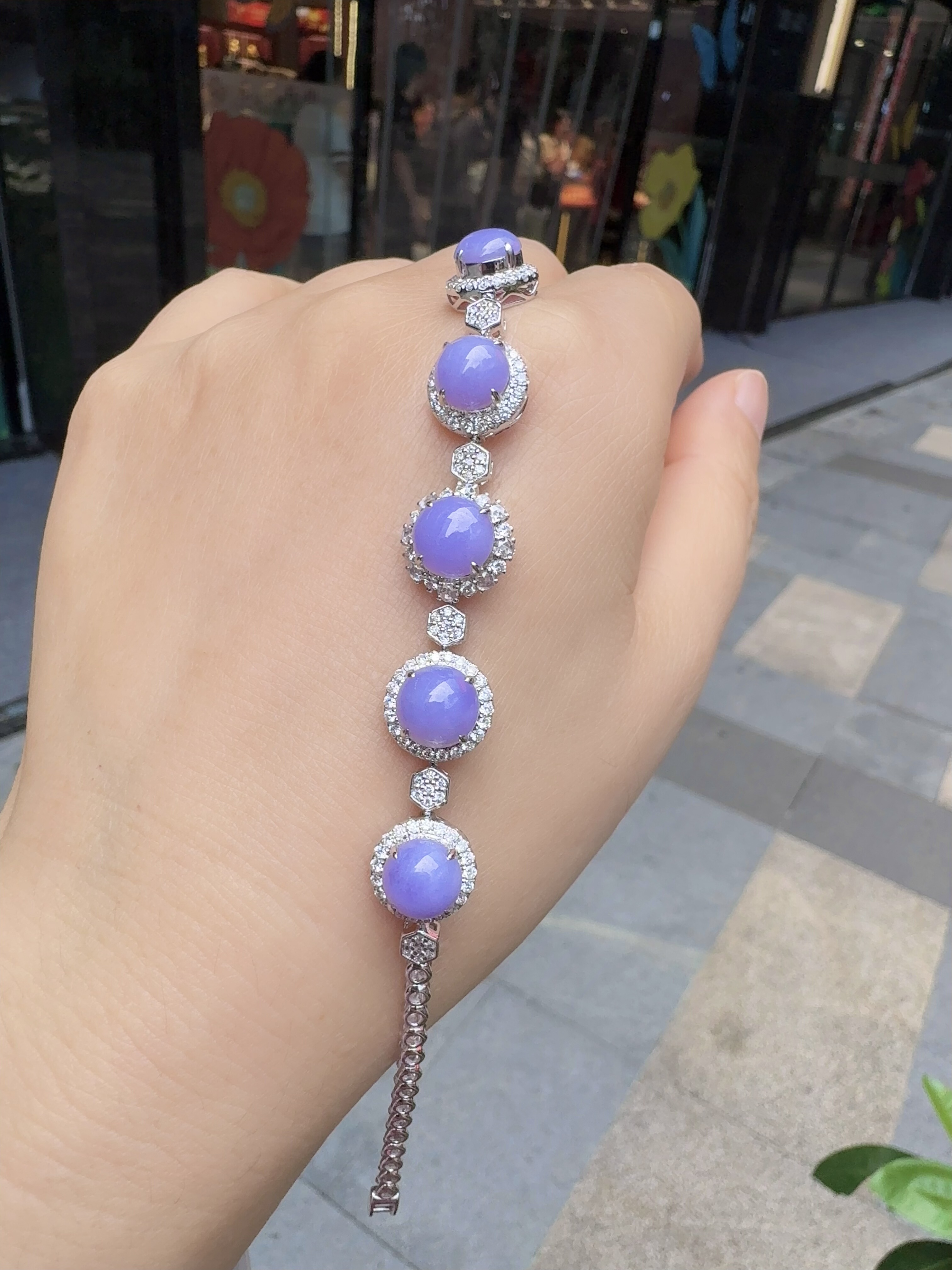 天然缅料A货翡翠玻璃种紫罗兰翡翠蛋面设计款时尚手链18K金镶嵌